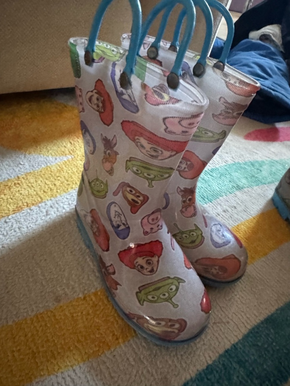 Disney Kids Rain Boots White with Blue Handles and Multicolor Character Print